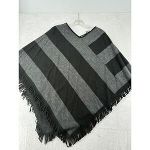 Kim Rogers Poncho Womens S Black Gray Striped Fringe V-Neck Acrylic Wrap